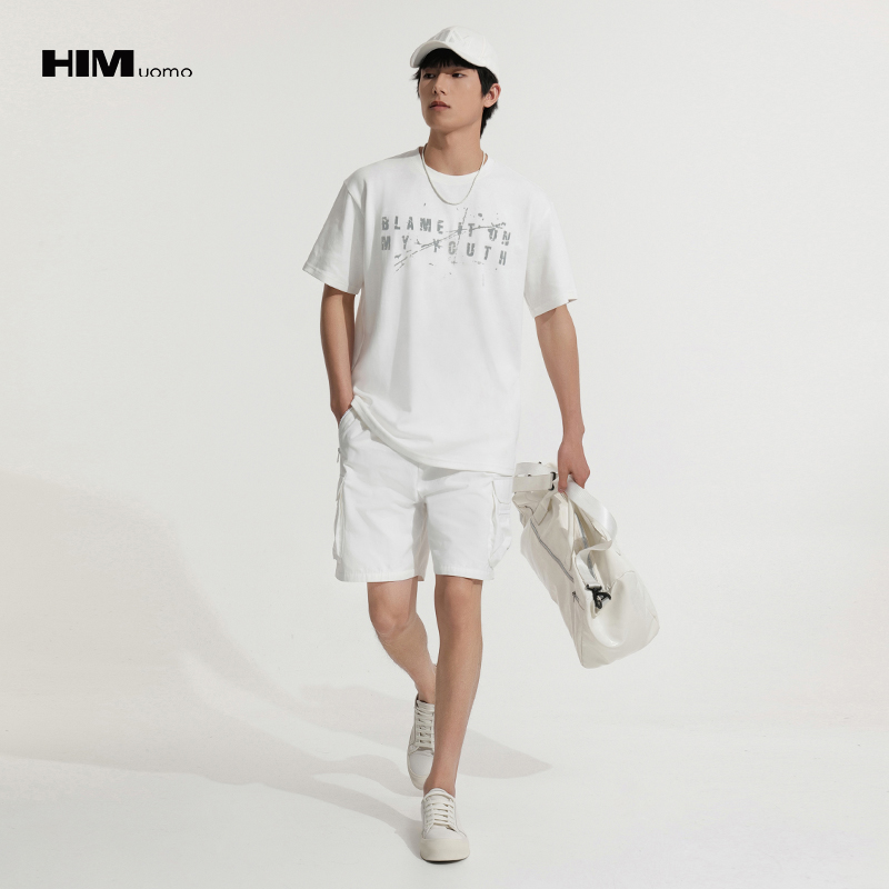 HIM漢崇  男士舒适休闲短袖T恤复古字母植绒印花圆领上衣 2026夏季