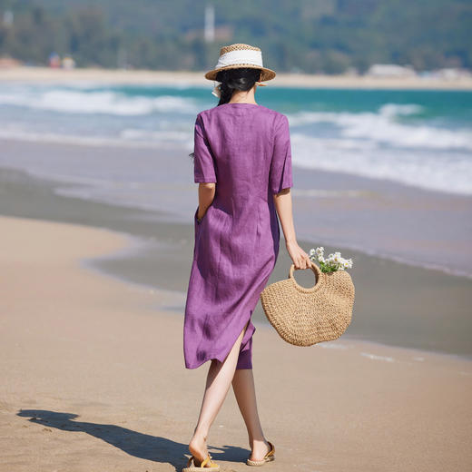 文艺亚麻刺绣，中袖长款连衣裙v领茶服袍子HS24811-1 商品图1