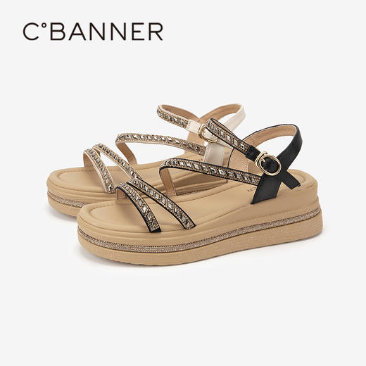 千百度厚底增高一字带凉鞋女夏季休闲沙滩海边平底凉鞋A24381023 商品图1