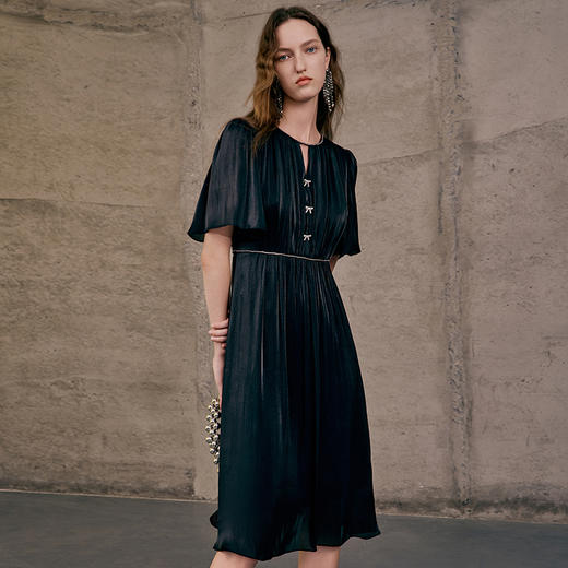 EITIE爱特爱夏季新品高腰修身优雅荷叶袖连衣裙7407115 商品图3