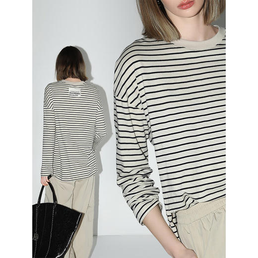 COCOBELLA字母标黑白条纹长袖T恤女侧开叉休闲遮阳上衣TS0012 商品图1