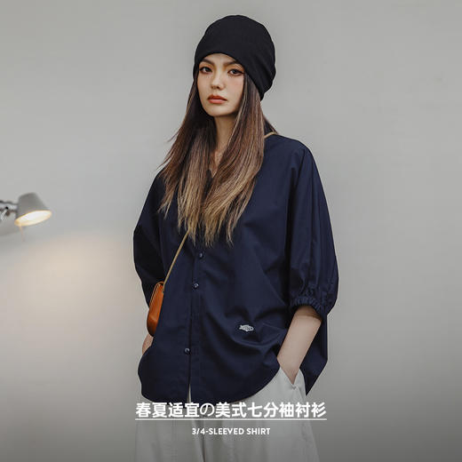 马登美式衬衫宽松上衣蝙蝠袖休闲透气立领外套可叠穿夏季女 商品图1