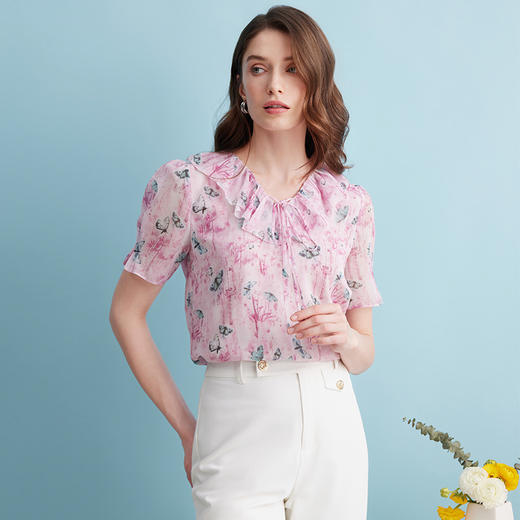 EITIE爱特爱夏季新款浪漫印花少女感V领系带直筒雪纺衫上衣B2413306 商品图1