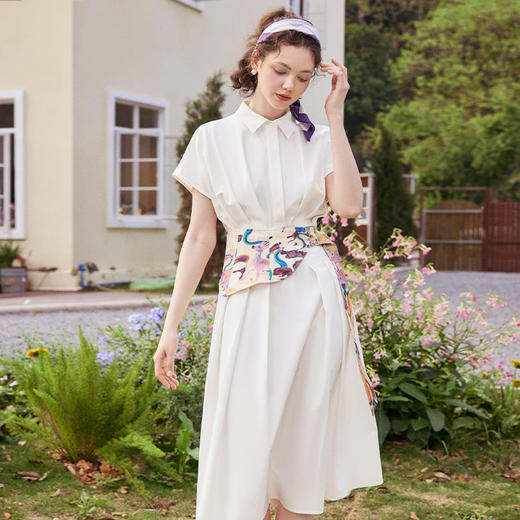 两三事隐于欢愉2024夏季新款简约印花腰封系带衬衫裙a字连衣裙 商品图2