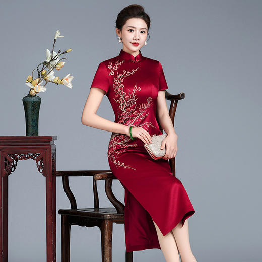 HYX新款刺绣改良旗袍连衣裙 喜婆婆婚宴礼服 妈妈装敬酒服高贵春夏 商品图1