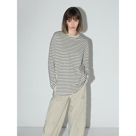 COCOBELLA字母标黑白条纹长袖T恤女侧开叉休闲遮阳上衣TS0012 商品图4