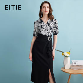 EITIE爱特爱夏季新款假两件印花收腰包臀开叉优雅通勤连衣裙B2407344