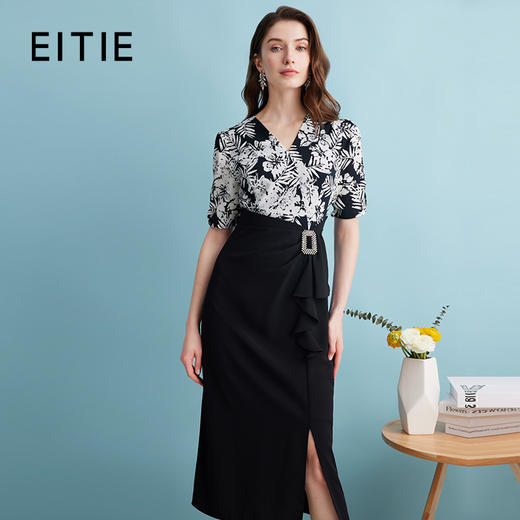 EITIE爱特爱夏季新款假两件印花收腰包臀开叉优雅通勤连衣裙B2407344 商品图0