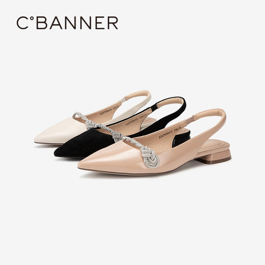 千百度绝美后空凉鞋女夏季低跟鞋羊皮通勤外穿尖头单鞋A24279306 商品图0