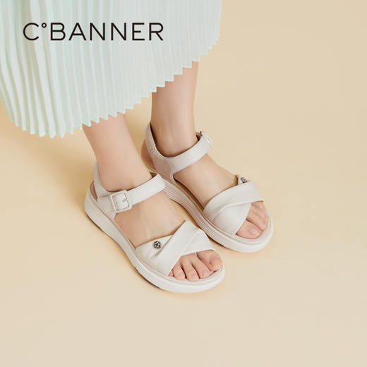 千百度羊皮休闲凉鞋女夏季厚底增高沙滩海边凉鞋A24317604 商品图2