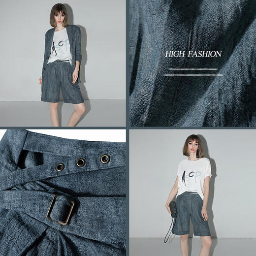 COCOBELLA砂洗炒色亚麻短裤设计感双腰带牛仔风打褶裤SO0002 商品图2