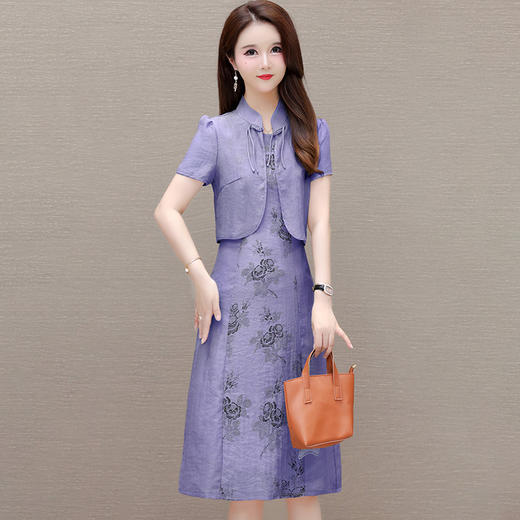 新中式国风两件套，立领复古外套印花连衣裙QYM-TYH-247256-Y 商品图0