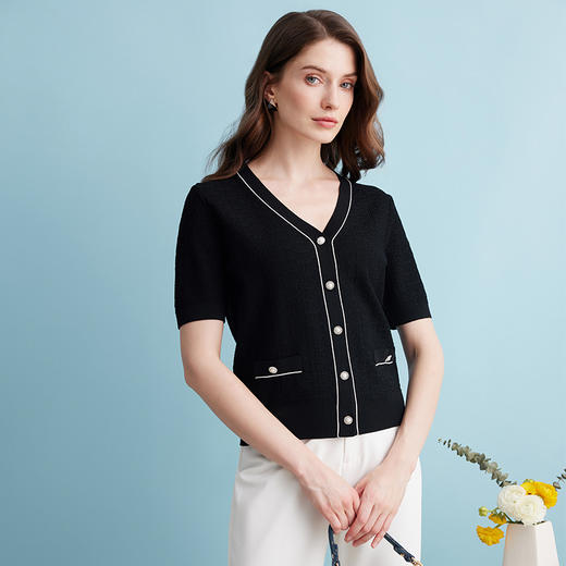 EITIE爱特爱夏季新款舒适轻薄透气V领修身显瘦短袖针织衫开衫B2401308 商品图2