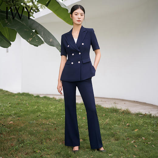 IWY/藏青色西装套装夏短袖高级商务修身女总裁ol两件套微喇裤正装C13215+P33215 商品图2