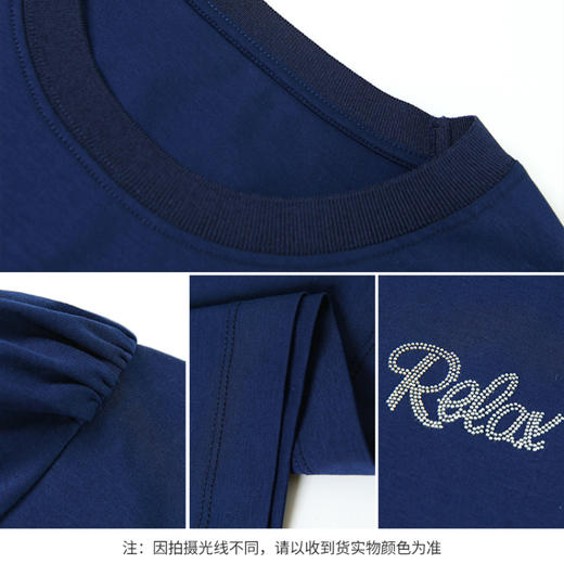 【商场同款】CNA4498 “ 花苞衫 ” 经典的藏蓝色内敛低调 花苞袖设计造型与舒适兼备 长绒棉材质吸湿透气 直身型藏蓝/白色T恤 商品图11