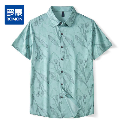 【沙滩风】罗蒙男士植物满印速干衬衫男短袖男夏季薄款冰丝男衬衫 商品图0