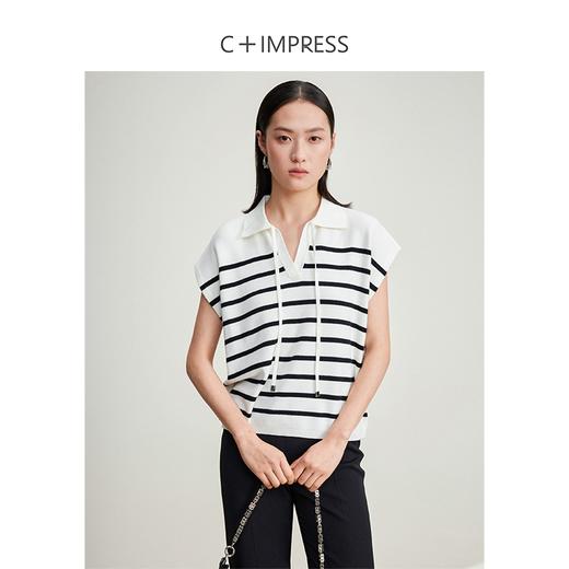 西嘉C+IMPRESS/西嘉百搭廓形polo领撞色条纹羊毛混纺飞飞袖女士针织衫MY2401107 商品图3
