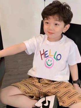 2件39.9元【童T】男童女童同款100%棉（HELLO笑脸款）印花T恤-喜出