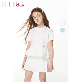 ELLEKIDS 童装 拼接荷叶边乖巧双纱全棉短袖T恤上衣