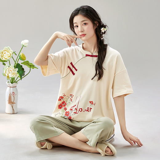 睡衣女夏季盘扣装饰短袖七分裤甜美薄款气质国风家居服新中式套装_ZSY 商品图3