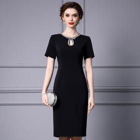 OYS-203709黑色正式场合包臀裙手工钉钻圆领高腰短袖连衣裙