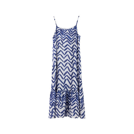 绽放290朵/蓝白折线手绘印花吊带裙海边度假旅游穿搭亚麻连衣裙 商品图4