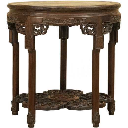 清 红木镶云石透雕绳纹五足圆桌 商品图5