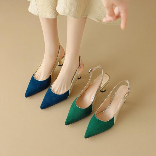 【预售5天】性感高跟鞋尖头细跟女鞋，拼色搭扣包头后空凉鞋NDXC&6387-1 商品图0