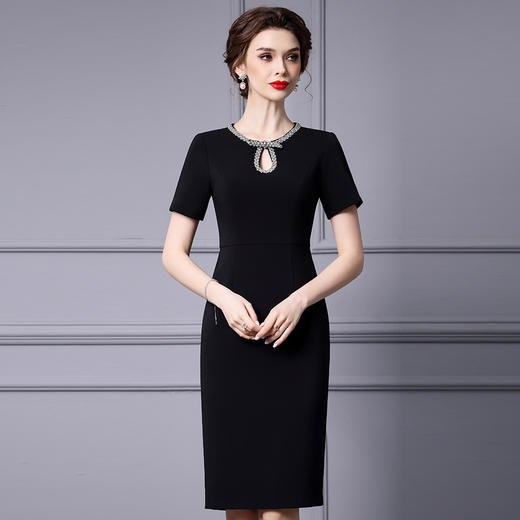 OYS-203709黑色正式场合包臀裙手工钉钻圆领高腰短袖连衣裙 商品图1