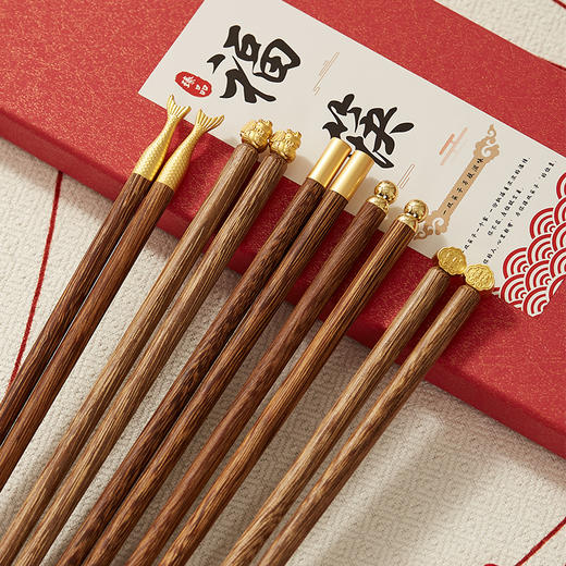 初心| 实木合金鸡翅木筷子五双装（鱼尾+招财猫+祥云+顶福+龙珠） 商品图1