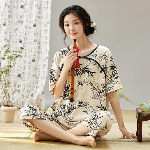 睡衣女夏季盘扣装饰短袖七分裤甜美薄款气质国风家居服新中式套装_ZSY 商品图9