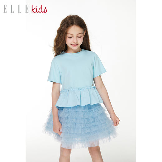 ELLEKIDS 童装 拼接荷叶边乖巧双纱全棉短袖T恤上衣 商品图1