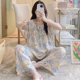 睡衣女春夏季绵绸新款家居服可外穿国风女士短袖空调房棉绸套装薄