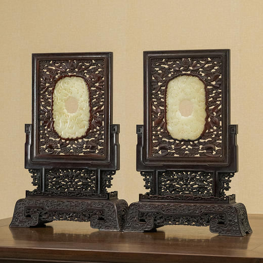 清 红木透雕福云纹边座嵌玉雕螭龙纹插屏（一对） 商品图4