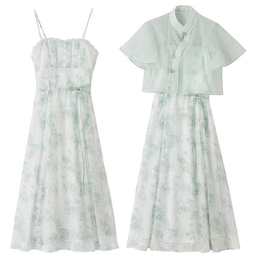 WY25319气质时尚小清新中式风碎花吊带连衣裙搭立领外套2024夏新潮流百搭 商品图4