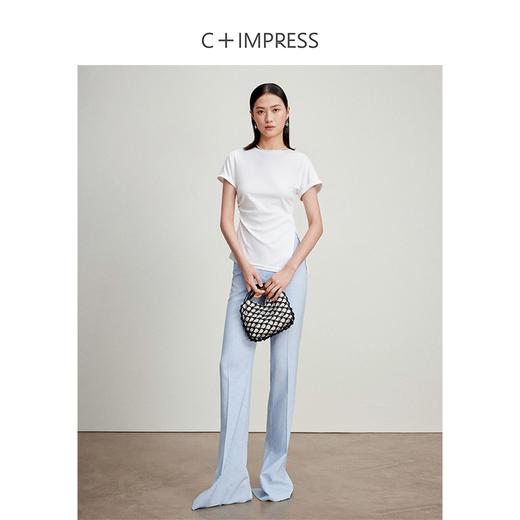 西嘉C+IMPRESS/西嘉时髦不对称侧开衩圆领短袖百搭显瘦高支醋酸棉T恤T2401086 商品图2