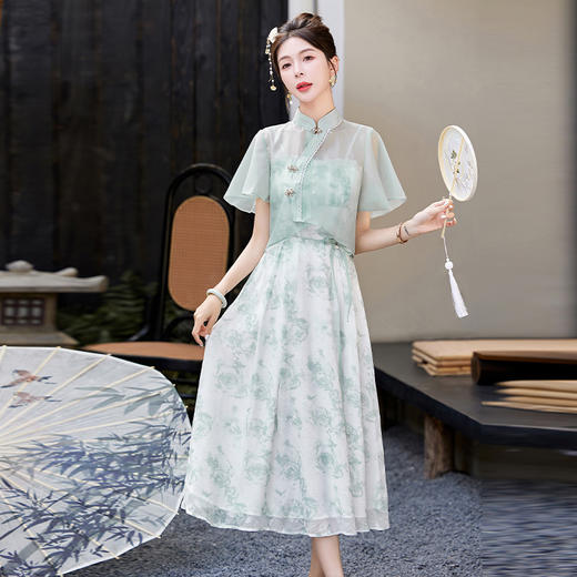 WY25319气质时尚小清新中式风碎花吊带连衣裙搭立领外套2024夏新潮流百搭 商品图2