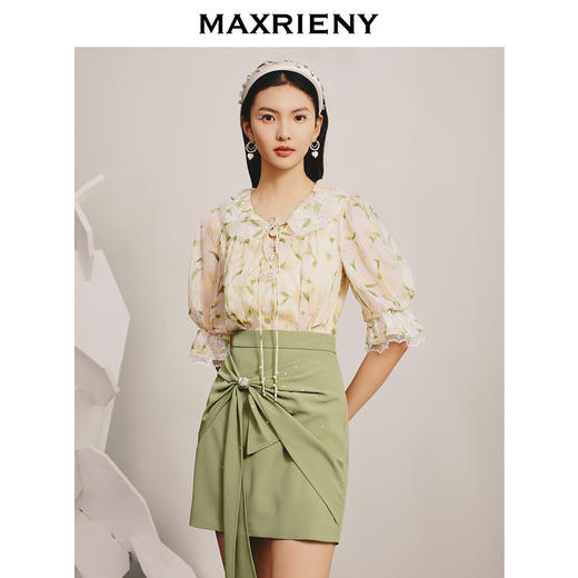 【商场同款】MAXRIENY精致复古感蝴蝶结短裙碧湖绿蝴蝶结飘带半裙(货号:MC88SK070) 商品图2