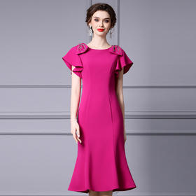 ZL-0491玫红色钉钻礼服连衣裙高端品牌荷叶袖包臀鱼尾裙