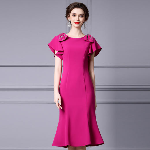ZL-0491玫红色钉钻礼服连衣裙高端品牌荷叶袖包臀鱼尾裙 商品图0