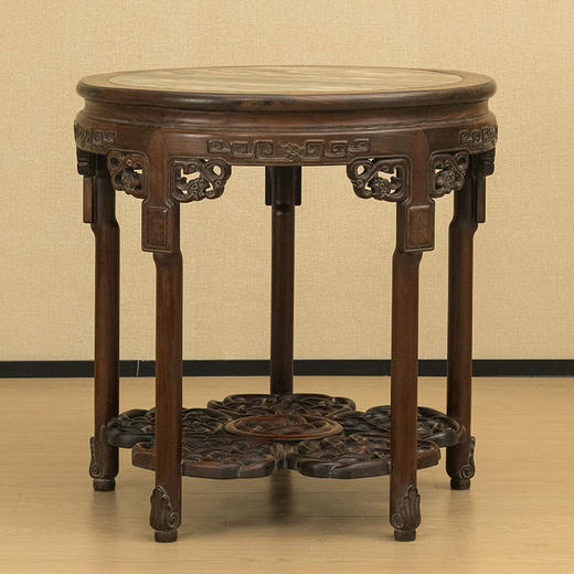 清 红木镶云石透雕绳纹五足圆桌 商品图0