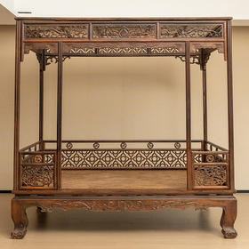 清 红木透雕螭龙纹四合如意六柱架子床