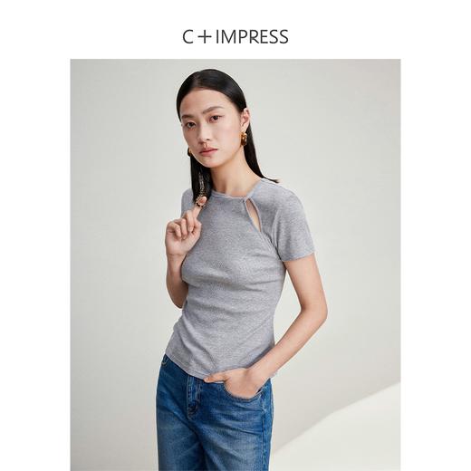 西嘉C+IMPRESS/西嘉新疆长绒棉t恤短袖真丝灵地思羊毛混纺罗纹纽结领T2401071 商品图1