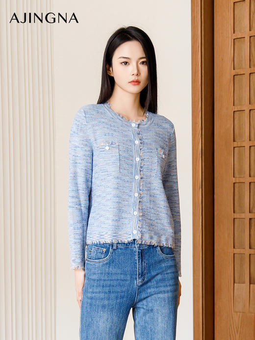 【商场同款】阿菁娜2024春季新款流苏圆领针织开衫A29C318010 商品图3