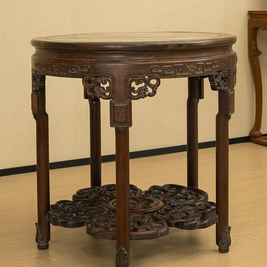 清 红木镶云石透雕绳纹五足圆桌 商品图4