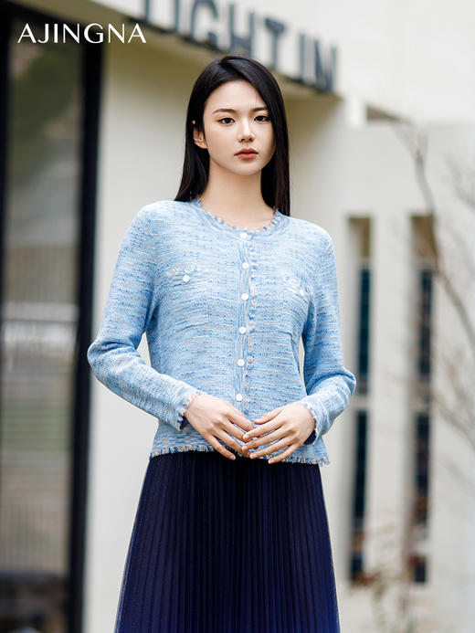 【商场同款】阿菁娜2024春季新款流苏圆领针织开衫A29C318010 商品图0