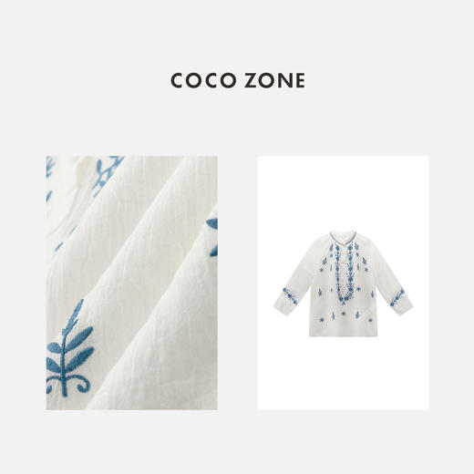 COCO ZONE"阿米蓝"复古时尚绣花立领套头衬衫设计感纽扣上衣CC1B0956 商品图2