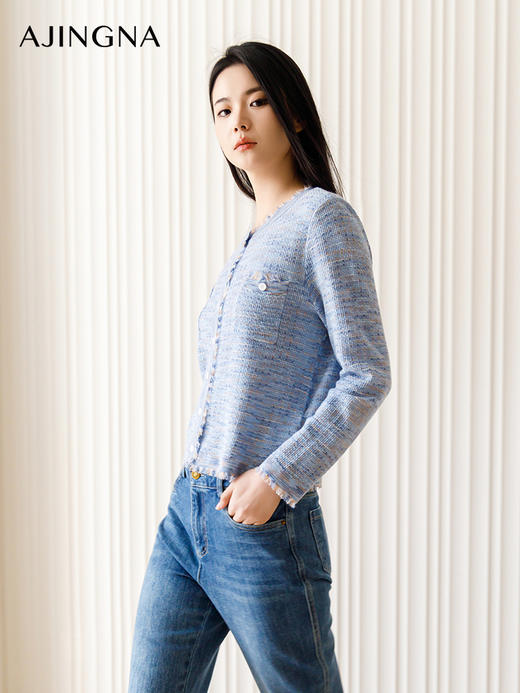 【商场同款】阿菁娜2024春季新款流苏圆领针织开衫A29C318010 商品图4