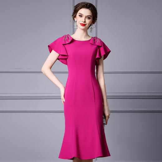 ZL-0491玫红色钉钻礼服连衣裙高端品牌荷叶袖包臀鱼尾裙 商品图1