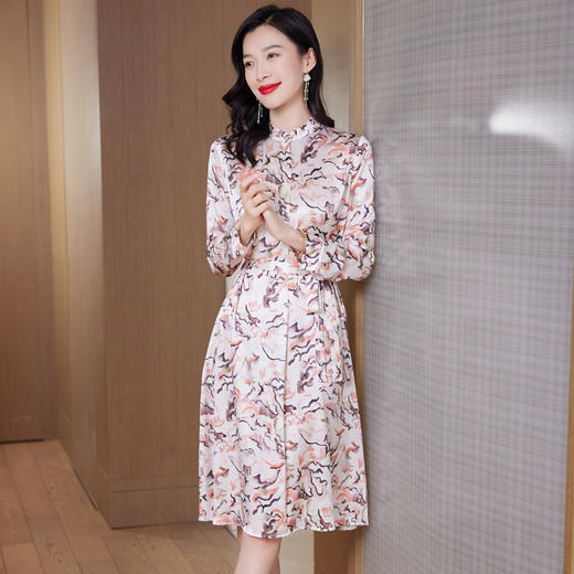 水墨花真丝连衣裙，长袖宽松大码裙ASE-9512 商品图2